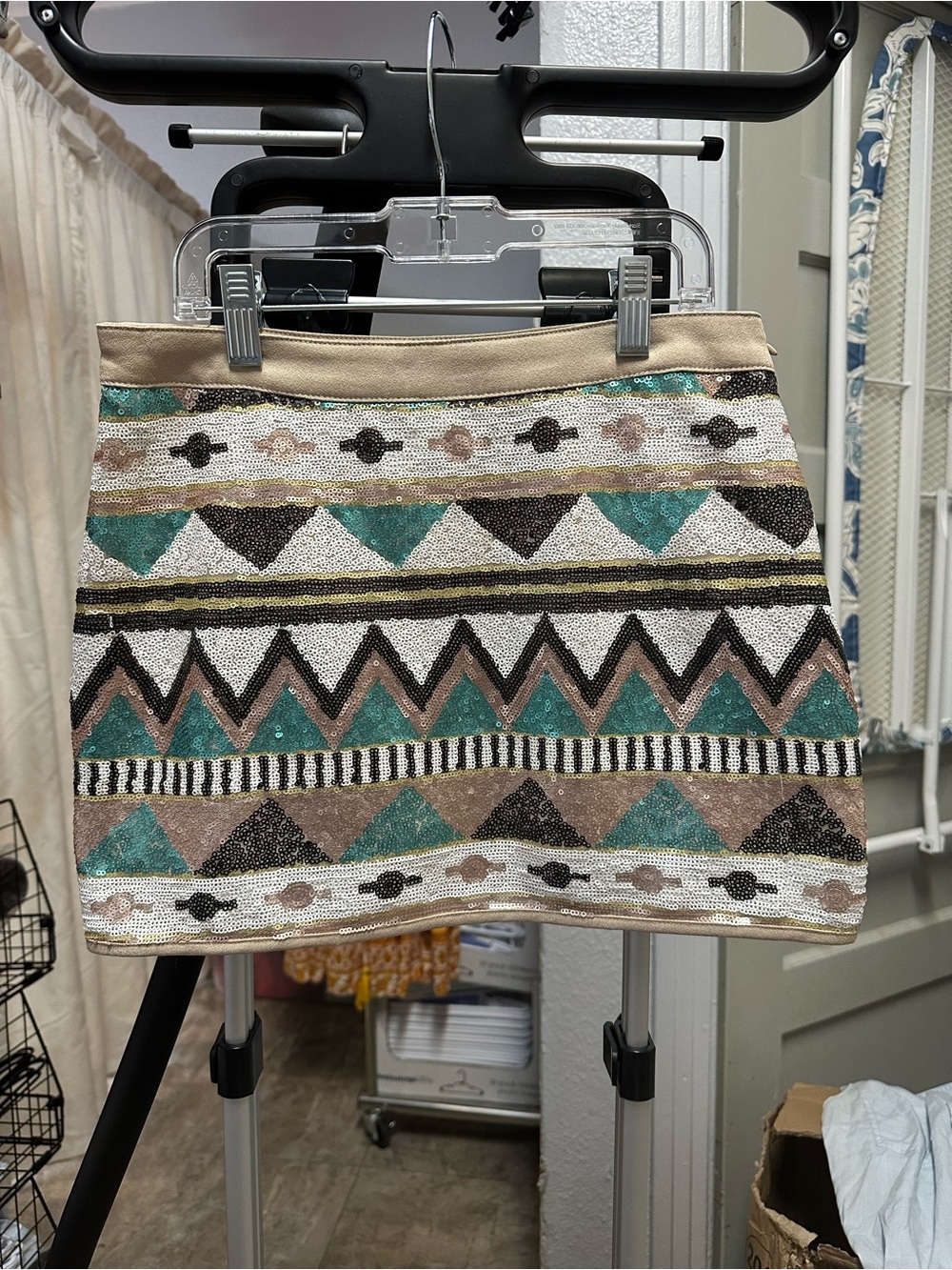 Double Zero Beige, Teal and Black Embellished Mini Skirt